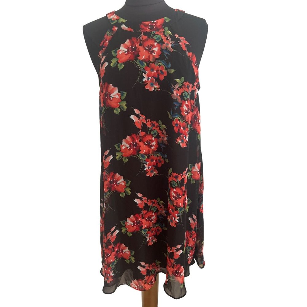 Betsy Johnson Black & Red Floral Print, Sleeveless, Lined Dress, Size 10